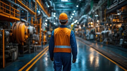 An engineer walks in a factory, emphasizing safety and efficiency in industrial environments.