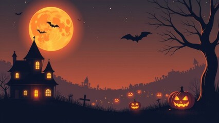 celebration Halloween scene with pumpkins, haunted house, and full moon 