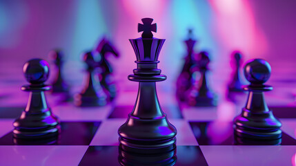 The artwork showcases chess pieces on a neonlit board, representing strategy and intellect with bright colors and intricate details, encapsulating the essence of competition