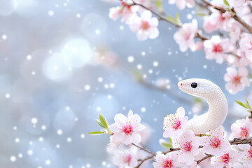 巳年の年賀状背景／神様のような白蛇とピンクの花　Generative AI