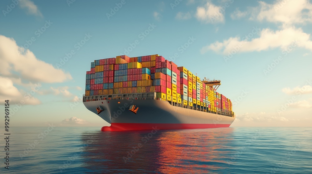 Wall mural a large cargo ship loaded with colorful containers, shipping, and international distribution, intern