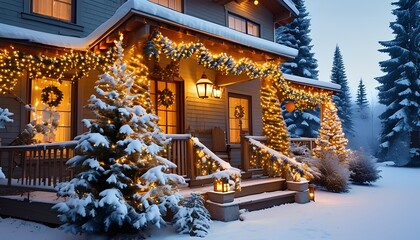 cozy cabin exterior with garlands of pine, warm golden string lights, and a snow-covered front yard featuring illuminated Christmas trees and frosted lanterns