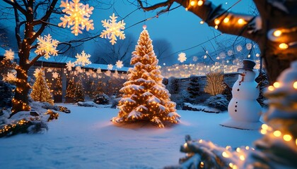 christmas tree in the snow A winter wonderland outdoor display featuring snowflake lights hanging from trees, a glittering Christmas tree in the yard, and glowing snowman figures