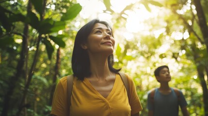Two hikers explore a lush green forest, admiring nature and enjoying an outdoor adventure in the sunlight.