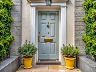 Fototapeta premium Elegant Light Gray Front Door with Modern Design and Subtle Architectural Details in Natural Light