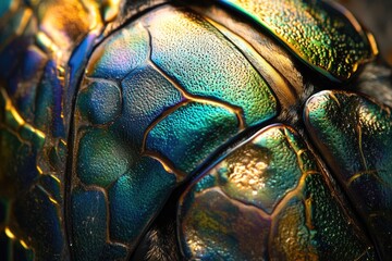 Iridescent beetle shell texture with shifting hues of emerald green, sapphire blue, and gold