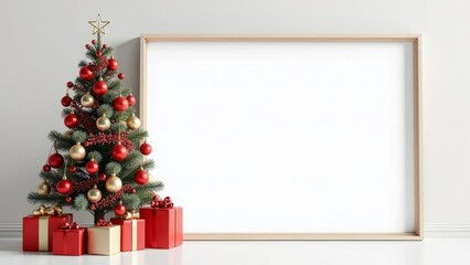 Festive Christmas tree decorated with red and gold ornaments, accompanied by wrapped gifts. A large blank frame beside the tree offers space for text, making it a perfect holiday banner.