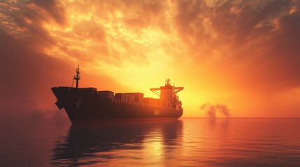 Obraz premium Cargo ship sailing at sea during a vibrant sunset with calm waters, Maritime transport, global trade