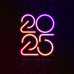 Happy New Year 2025 Illustration with Glowing Neon Light Number on Dark Background. Vector Christmas Holiday Season Design for Flyer, Greeting Card, Banner, Celebration Poster, Party Invitation