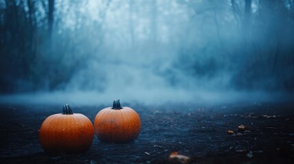 A haunting Halloween background with fog rolling over pumpkins, dark forest in the distance. Plenty of room for text above. No logo.