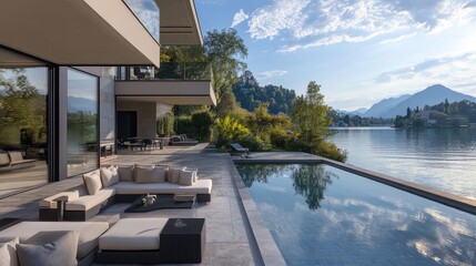 Fototapeta premium Luxurious lakeside villa with large outdoor spaces and stunning views of a serene, reflective lake