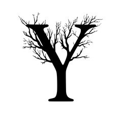 Letter Y with Tree Branch Silhouette Design, A bold letter Y intertwined with tree branches, forming a nature-inspired, artistic black-and-white silhouette against a white background.
