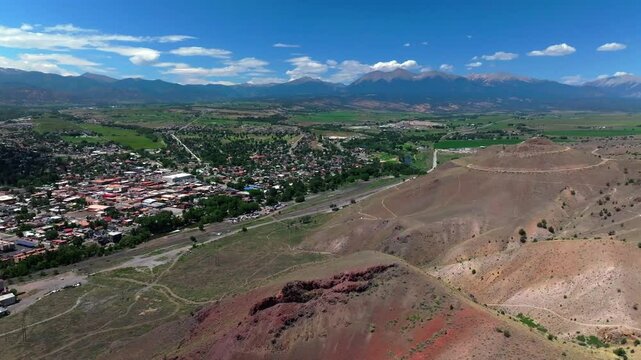 Collegiate Peaks 14ers S Mountain Tenderfoot Hill Salida Colorado aerial drone right circle motion Buena Vista Rocky mountain town Chaffee County USA Arkansas River hiking trails blue sky sunny day
