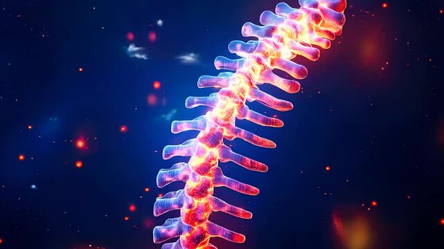 Futuristic glowing human spine with nerve connections, advanced medical visualization of spinal cord anatomy in 3D render