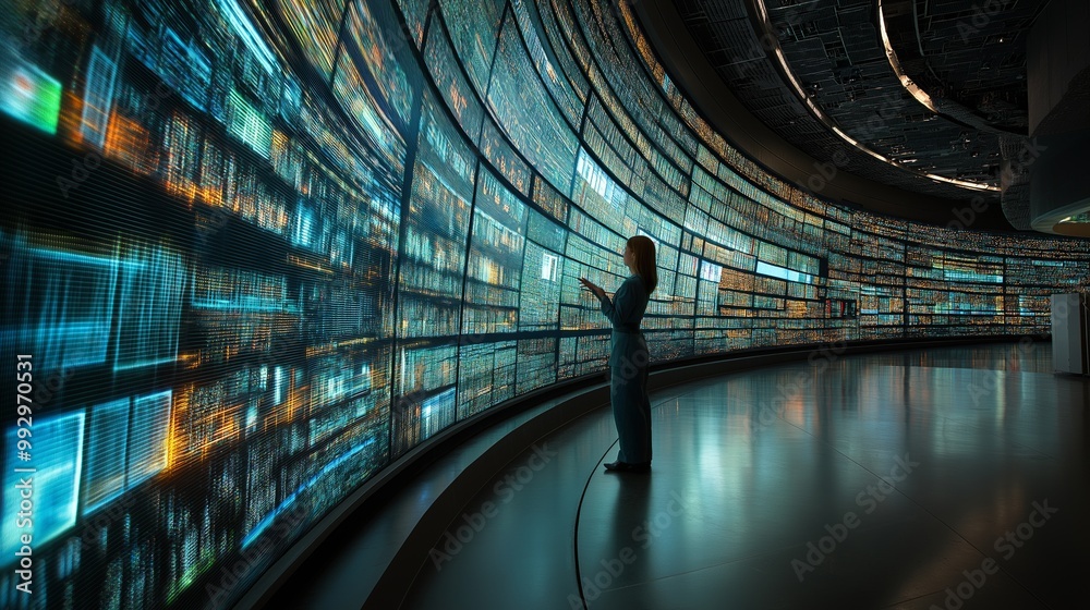 Poster scientist exploring multiple parallel universes in a futuristic lab with holographic displays and gl