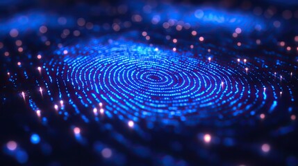 An illustration of fingerprint scanning on a blue background represents the concept of biometric security.