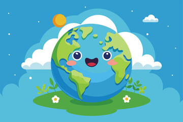 A friendly earth character with a smiling face is surrounded by clouds and plants on a sunny day, Customizable Semi Flat Illustration for a Happy Earth