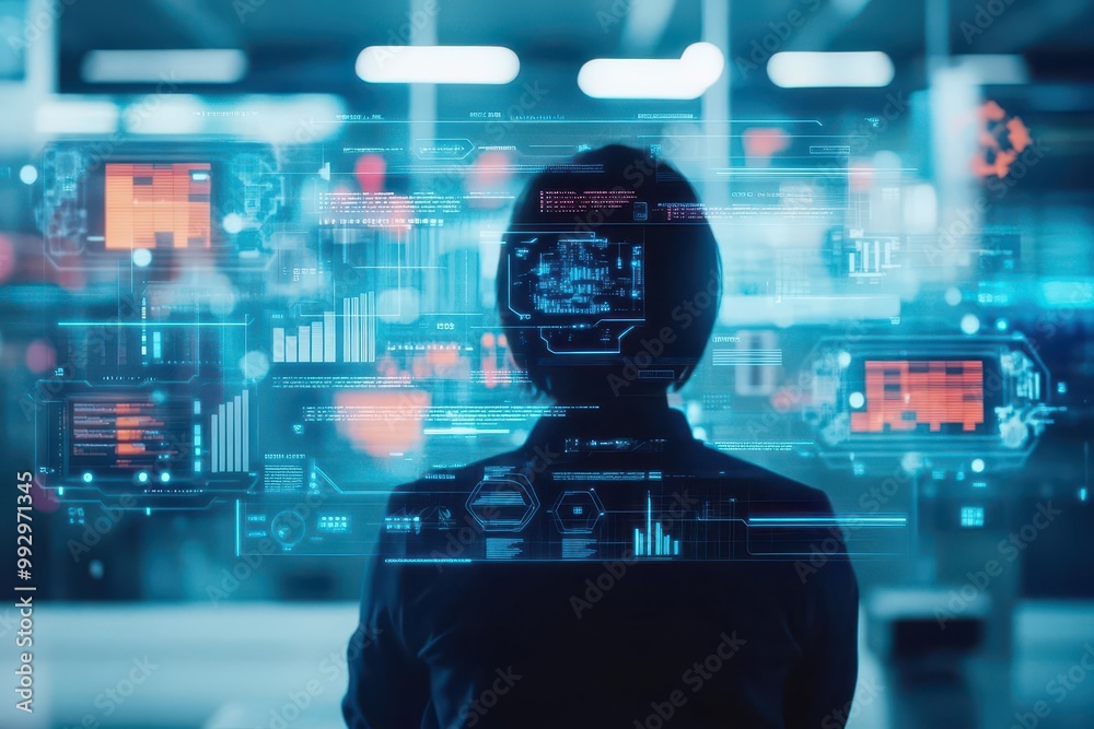 Poster MA process, advanced AI assistant managing data, futuristic office space, floating holograms