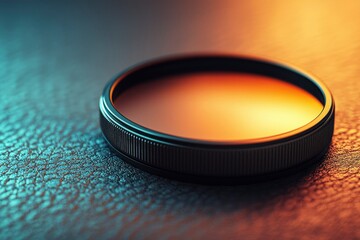 Close-up of a Black Camera Lens Filter on a Textured Surface