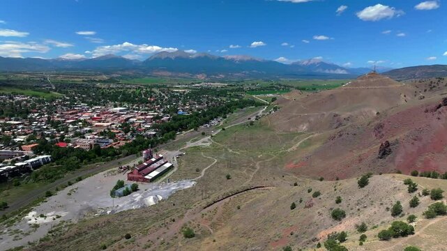 Collegiate Peaks 14ers S Mountain Tenderfoot Hill Salida Colorado aerial drone circle right motion Buena Vista Rocky mountain town Chaffee County USA Arkansas River rafting blue sky sunny daytime