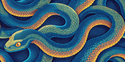 Fototapeta premium An artistic seamless pattern showcasing elegantly coiled snakes surrounded by leafy greens, creating a captivating and bold design.