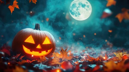 Fototapeta premium A spooky Halloween background with glowing pumpkins under the full moon, surrounded by fallen leaves. Space for text in the dark sky. No logo.