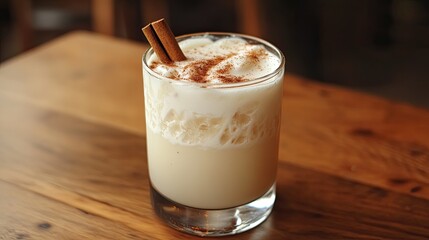 Creamy drink in a glass, topped with cinnamon. Perfect for use in blogs, social media, and articles about winter drinks.