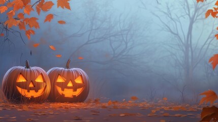 A spooky Halloween setting with carved pumpkins glowing under a misty sky, scattered autumn leaves. Room for text on the right. No logo.