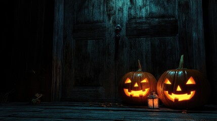 Obraz premium Carved pumpkins glowing in front of an old wooden door, dim lantern light. Space for text on the dark wooden background. No logo.