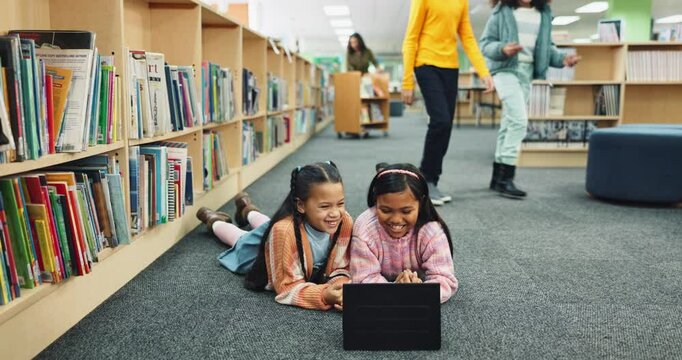 Children, tablet and library for watching, education and development for e learning, studying and fun. Happiness, kids and tech for knowledge, growth and online games with playing, language and maths