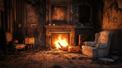 Broken living room with damaged furniture, a glowing fireplace, and subtle Halloween touches. Focal point on the fires light. No people.
