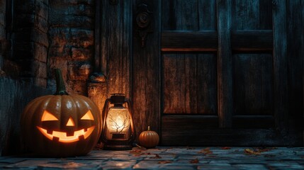 Obraz premium Carved pumpkins glowing in front of an old wooden door, dim lantern light. Space for text on the dark wooden background. No logo.