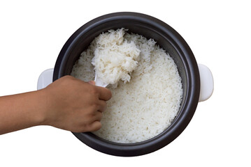 Hands of woman scooping rice in rice cooker electric on white background, Woman hands cooking. top view