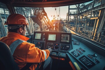 Worker operating heavy machinery in industrial setting at sunset, focusing on control panel and safety equipment.