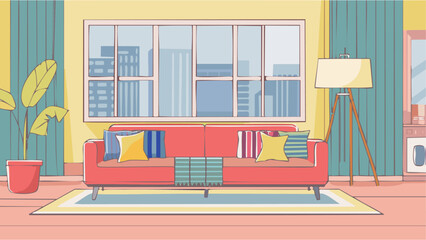 Living room with red sofa