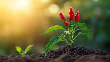 Young chili pepper plant growing in garden soil with sunlight in the background, symbolizing growth and natural farming.