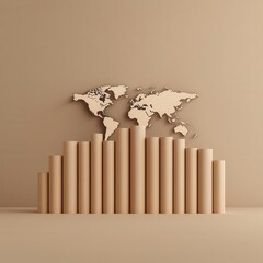 Obraz premium 3D bar graph with world map on beige background