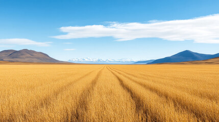 Obraz premium Golden field extending towards distant mountains under a clear blue sky, with tracks running through tall grass, showcasing a vast and open landscape.