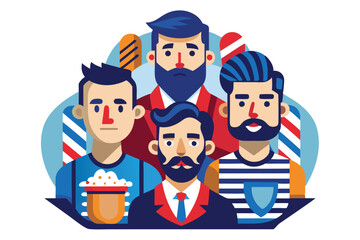 A stylish illustration features four men with various hairstyles and facial hair enjoying a barbershop visit, Customizable Semi Flat Illustration for Barbershop team
