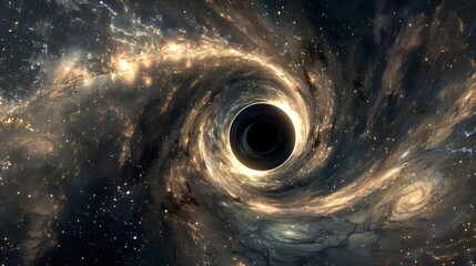 Massive black hole at the center of a swirling galaxy, stars and cosmic debris being pulled into its gravitational abyss, symbolizing destruction and the end of worlds.