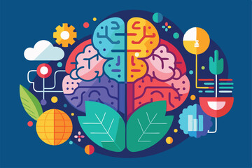 A vibrant illustration showcases the brain's structure, highlighting its two sides and surrounding icons, Customizable semi-flat illustration for brain sides.