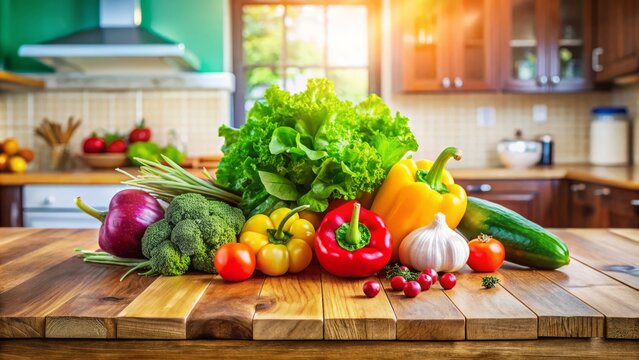 Vibrant suran vegetables are artfully arranged on a wooden table, ready for culinary delight in an inviting, bright