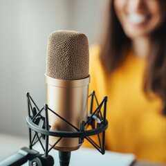 A close-up of a gold microphone in a studio setting, with a woman in a yellow shirt blurred in the background, suggesting a creative or recording environment.