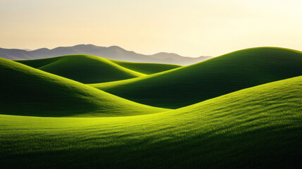 Softly lit green hills with smooth contours stretching into the distance under a gradient sky, depicting peaceful natural beauty.