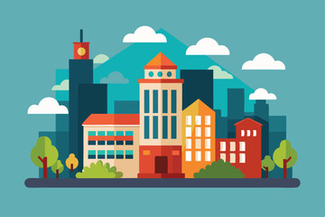 Obraz premium Colorful buildings of various styles and shapes are illustrated in a lively urban landscape with trees, Customizable Semi Flat Illustration for buildings