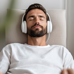 A relaxed man listens to music with headphones, eyes closed, enjoying a moment of peace and...