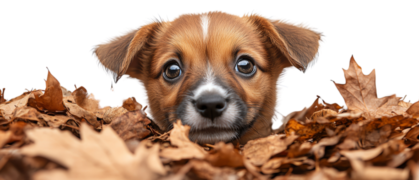 A cute puppy peeking through colorful autumn leaves, showcasing its playful and curious nature in a vibrant fall setting.