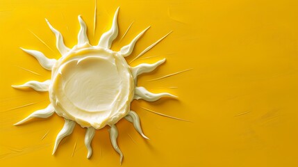 white sun symbol created with sunscreen lotion on a yellow backdrop, designed as a banner