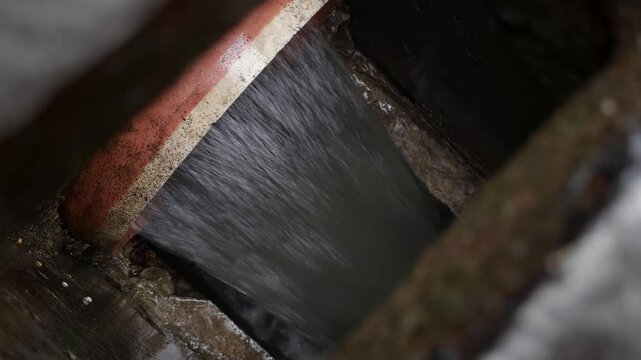 Powerful flow of wasted water in rain sewage during rain, close up view from inside.