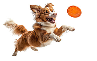 A playful dog leaps joyfully to catch an orange frisbee, showcasing agility and excitement in a vibrant action shot.